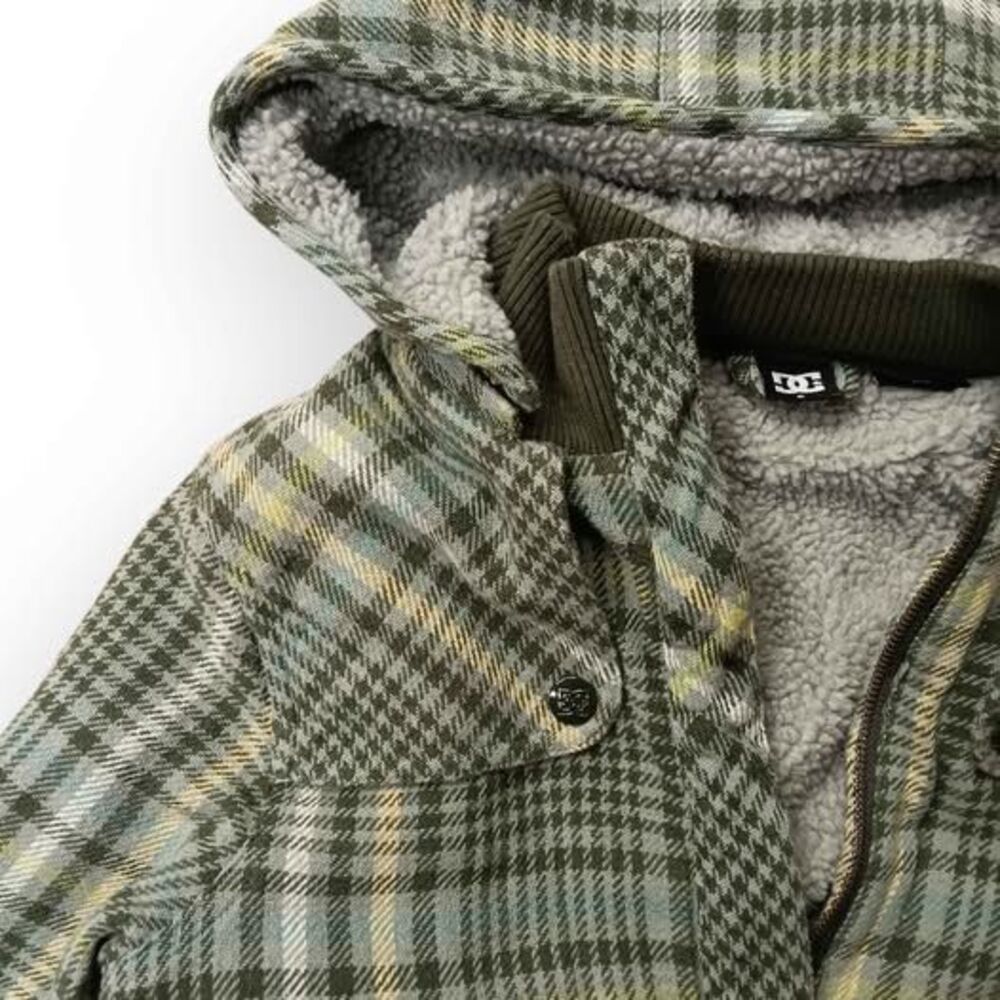 Vintage Y2k Sherpa Lined DC Shoe Co Ladies Green Plaid Zip Up Hoodie - L - Picture 3 of 7